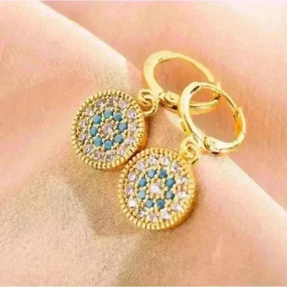 Jewelry - Gold Round Drop Earrings with Turquoise and Clear Stones